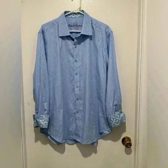 Robert Graham‎ Mens XL Light Blue Paisley Flip Cuff Shirt Button Down